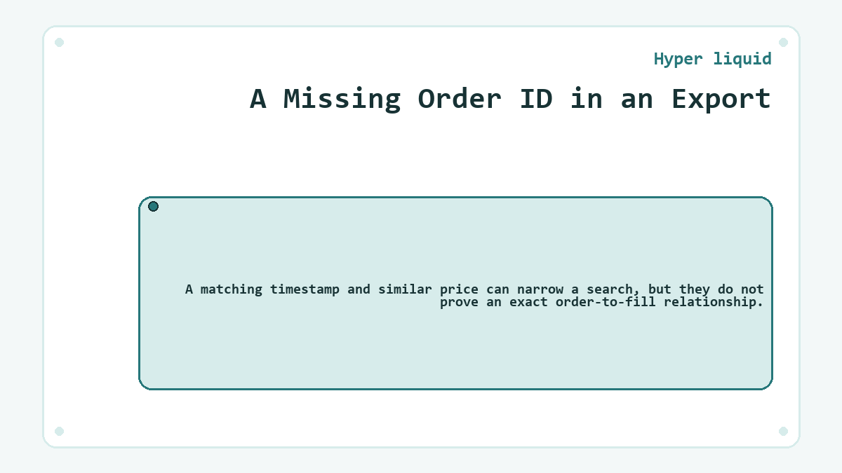 A Missing Order ID in an Export: A matching timestamp and similar price can narrow a search, but they do not prove an exact order-to-fill relationship.